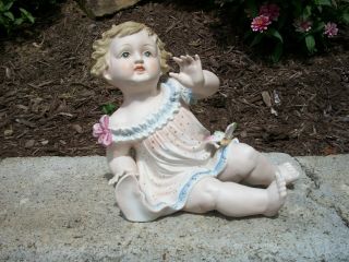 Vintage Andrea Bisque Porcelain Piano Baby Girl Figurine 7” W Butterfly 23/107