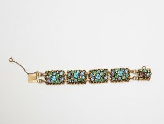Vintage Mcclelland Barclay Art Deco Bracelet,  Gold Metal,  Green Aqua Stone