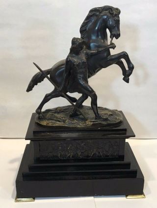 Antique Bronze On Marble Base Roman Greek Woman Warrior Spear & Rearing Horse