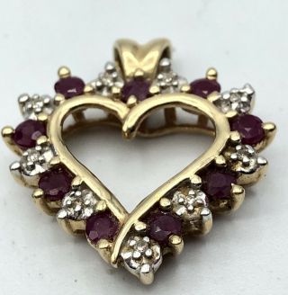 Vtg 14k Gold Ruby Diamond Heart Pendant Necklace
