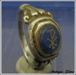 Chi - Rho Ancient Silver Roman Legionary Cristianity Ring Intaglio