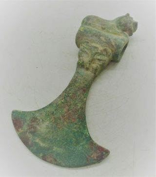 Scarce Ancient Luristan Bronze Axe Head With Beast Terminal Circa 1000 Bce