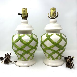 Vintage Ginger Jar Table Lamp Pair Faux Bamboo Ceramic Asian Chinoiserie