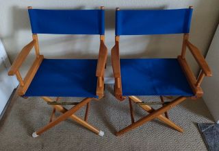Vintage Telescope Folding Directors Chairs With Blue Canvas