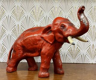 Vintage Red Cast Iron Elephant Doorstop 8 1/2” Long Trunk Up For Luck Hubley?