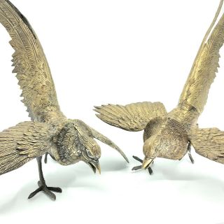 Rare 2 Vintage Brass Bronze Fighting Pheasant Bird Figures Full Body 18 " X 10 "