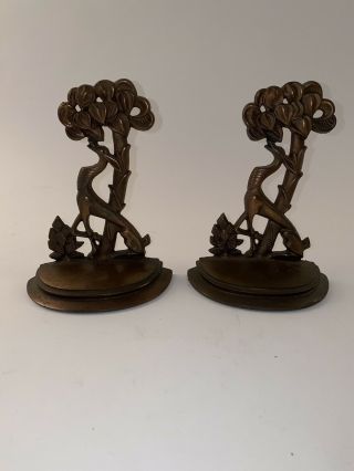 Vintage Cast Iron Art Deco Deer Palm Tree Bookends French 1930’s