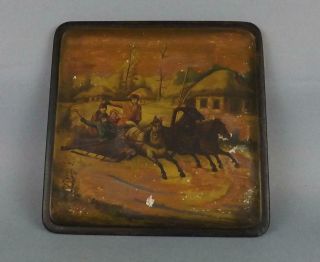 Antique Imperial Russian Lacquered Hand Painted Tray By Vishniakov