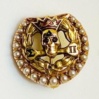 Vintage 14k Gold Delta Sigma Pi Fraternity Pin Seed Pearls Skull Gem Eyes