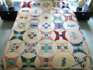 Vintage Feed Sack Hand Pieced & Quilted Curved Nine Patch Quilt; Backing