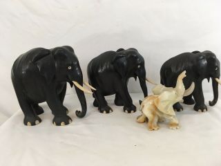 3 Vintage African Asian Hand Carved Ebony Wood 1 Onyx Elephant Family Of Four