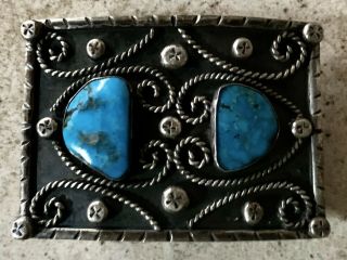 Native American Belt Buckle Turquoise Stones.  925 Sterling.  Vintage Old