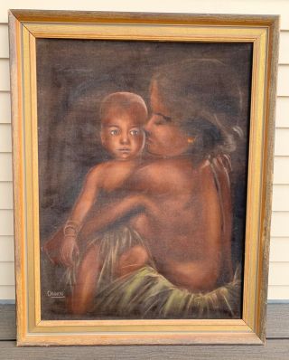 Vtg Black Velvet Painting Hawaiian Polynesian Tiki Mother & Child Cannon