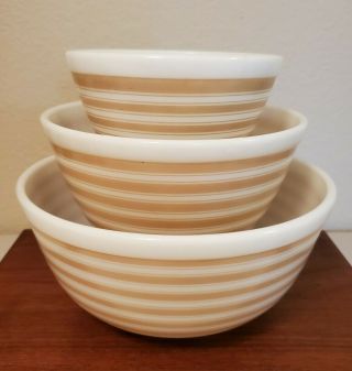 Vintage Pyrex Brown & White Stripe Mixing Bowl Set,  401,  402,  403.