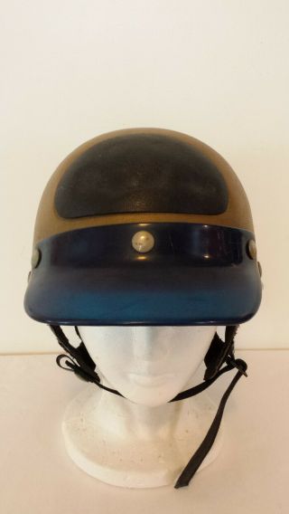Vintage Buco Police Riot/crash Helmet With Chin Strap - Gold - Blue Visor