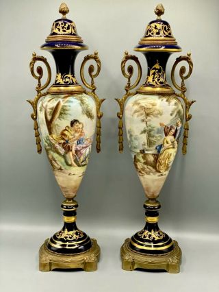 Imperial Rare 19th Century French Sevres Urns,  Sotheby’s Cobalt Blue Signed