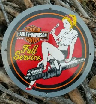 Rare Old Vintage 1964 Porcelain Sign Harley Davidson Plug Gas Pump Oil Pinup Nos