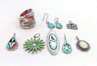 Estate Vintage Southwestern Style Sterling Jewelry Group Earrings And Pendants