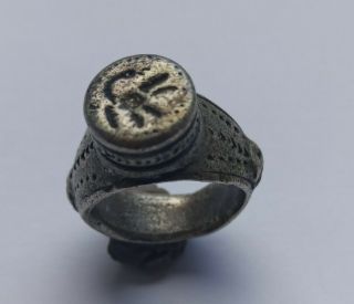 Rare Ancient Roman Silver Seal Ring With A Cross On The Sides 200 - 400 Ad