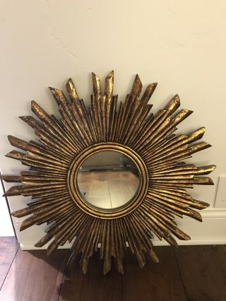 Vintage Gold Convex Wall Mirror Sunburst 12.  5” Mid Century Wood Bullseye Mcm