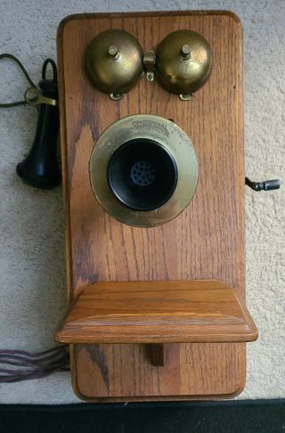 Antique Wood Wall Hand Crank Telephone - Vintage Oak Phone