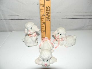 Set Of 3 Vintage White And Pink Ceramic Poodle Dog Figurines With Ribbons