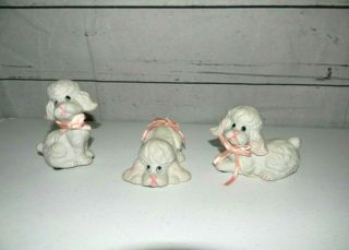 Set of 3 Vintage White and Pink Ceramic Poodle Dog Figurines With Ribbons 3