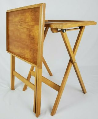 Mid - Century Modern Tv Tray Tables Teak Wood Folding Pair Dolphin Vintage
