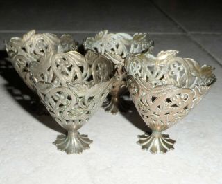 Antique Ottoman Turkish Zarf 19th Century Set4 Coffee Cup Egg Holder Low Silver