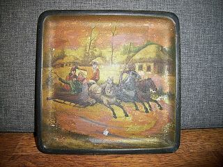 Vintage Russian Lacquer Art Tray with Snow Scene of People on a Horse Drawn Cart 2