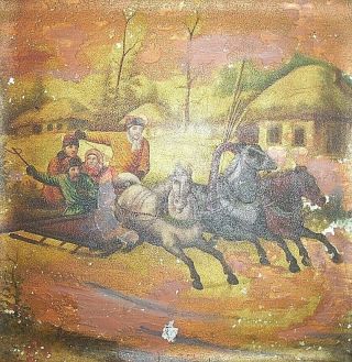 Vintage Russian Lacquer Art Tray with Snow Scene of People on a Horse Drawn Cart 3