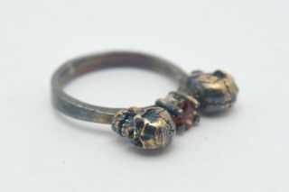 Antique Unique Masonic Freemasonry Skull Memento Mori Ring Garnet Silvered Ring
