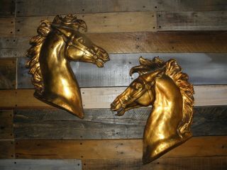 2 Vtg Resin Gold Stallion Embossed Horse Head Hanging 3d Horse Bust Wall Plaque