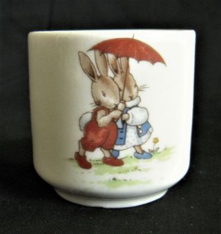 Royal Doulton Bunnykins Bunny Rabbit " In The Rain " & " Hobby Horse " Egg Cup