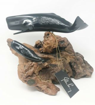 John Perry Sperm Whale Sculpture Mother & Calf On Burled Wood & Rock Naturally