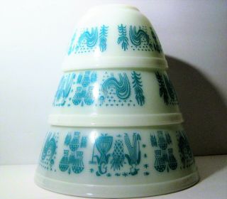 Vtg 1957 Pyrex Amish Butterprint Turquoise 3 Mixing Bowls 401 402 403 All