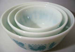 Vtg 1957 Pyrex Amish Butterprint Turquoise 3 Mixing Bowls 401 402 403 ALL 2