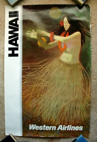 Vintage 1970s Western Airline - Hawaii Travel Poster Train Art Air