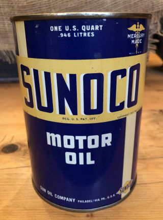 Vintage 1937 Sunoco Motor Oil 1 Quart Oil Can Tin Mercury Made Sun Oil Full Nos