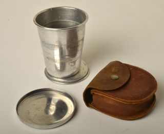 Vintage Collapsing Metal Cup And Leather Pouch