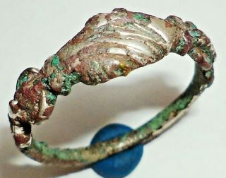 Ancient Very Rare Medieval Silver Wedding Ring With Clasped Hands On Bezel.
