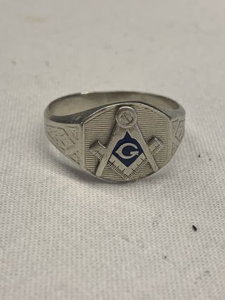 Vintage Masonic Ring,  10k White Gold,  Blue Enamel