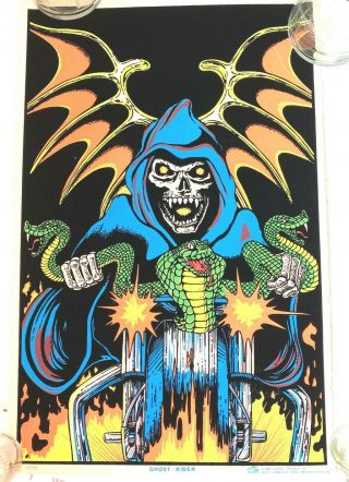 Vintage Black Light Poster Ghost Rider Skeleton Snake Grim Reaper 1980 Scorpio