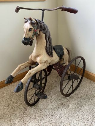 Vintage Carved Wood Horse Tricycle Bike Folk Art Home Decor Toy