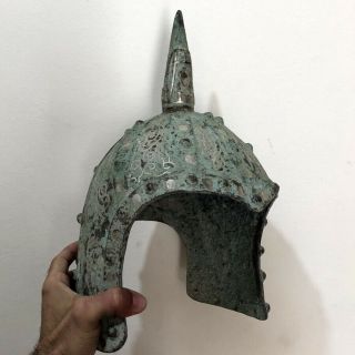 Scarce - Ancient Bronze Military Decorated Helmet With Silver Inlay - 2804 Gr