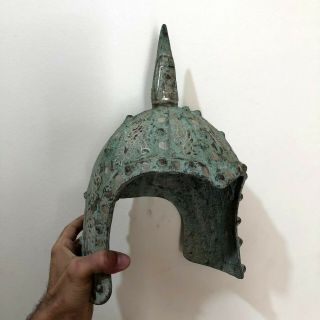 SCARCE - ANCIENT BRONZE MILITARY DECORATED HELMET WITH SILVER INLAY - 2804 gr 2
