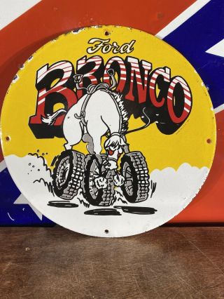 1966 Vintage  Ford - Bronco  Heavy Porcelain Sign 12  Round,  Made In Usa