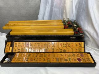Vintage Mahjong Mah - Jong Bakelite Tiles Set With Racks And Case