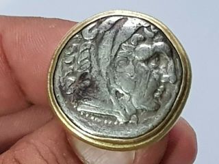 Ancient Greek Silver Tetradrachm Of Alexander In Ancient Gold Bezel Silver Ring
