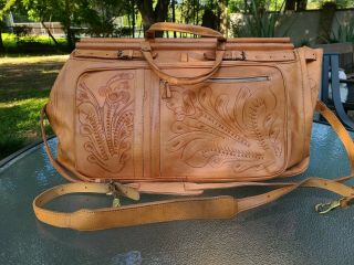 Huge Vintage Hand Tooled Leather Travel Bag Paraguay 23 " X 15 " X 12 " Exc.  Cond.
